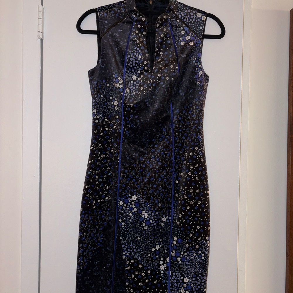 Elegant Black and Blue Velvet Floral Dress